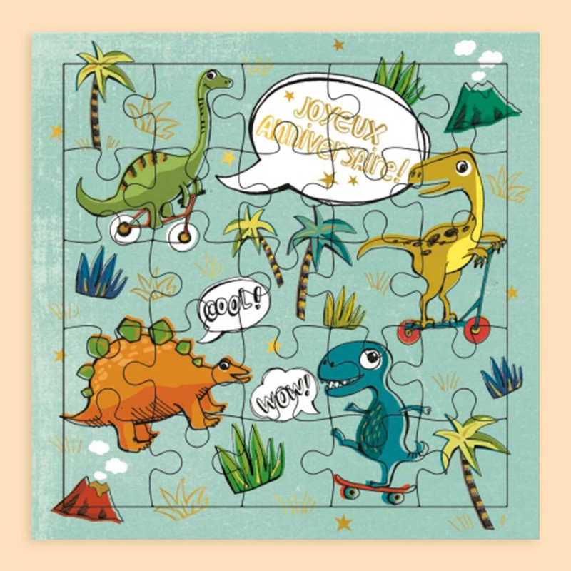 Carte puzzle Dinosaures "joyeux anniversaire" de Cartes d'Art