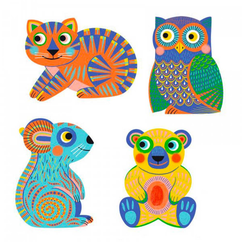 Les 4 coloriages magiques : hibou, souris, ours et chat