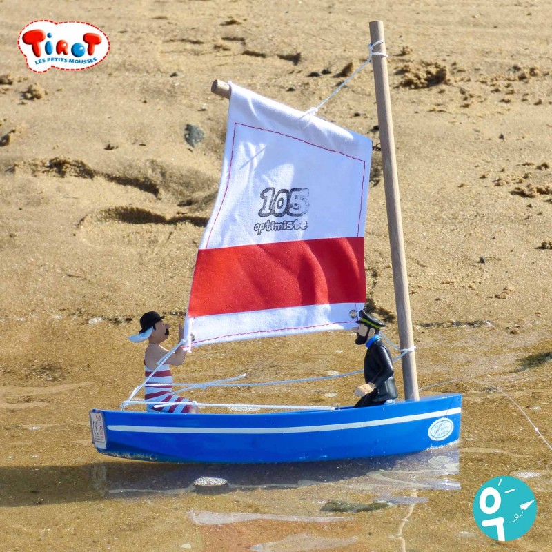 Bateau en bois 201 pour les enfants et collectionneurs coque bleue voile blanche navigable de Tirot