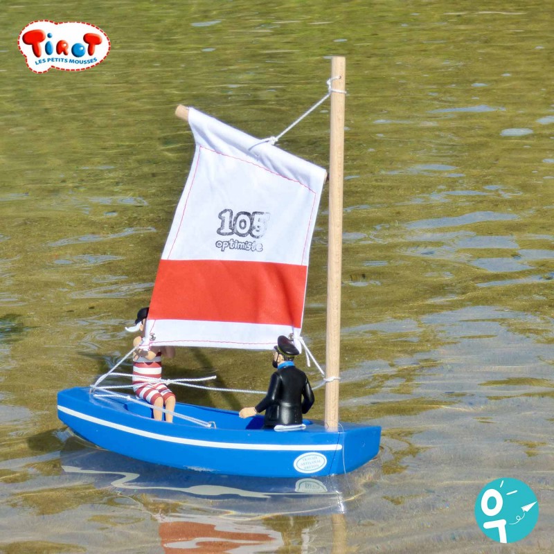 Bateau en bois 201 pour les enfants et collectionneurs coque bleue voile blanche flottant de Tirot