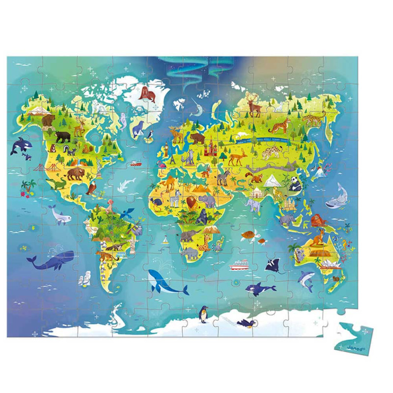 Puzzle 100 pièces carte du monde animaux et monuments J02607