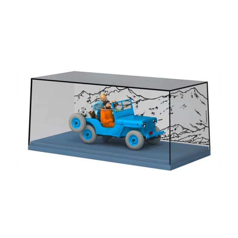 jeep bleue dans sa boite de protection
