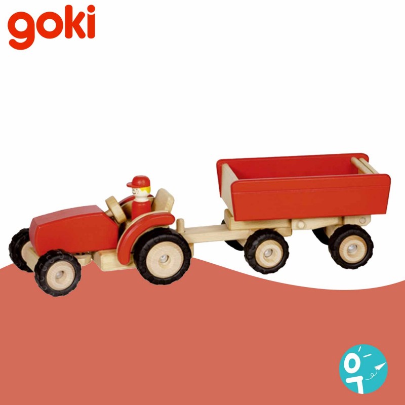 Tracteur rouge avec remorque en bois de Goki