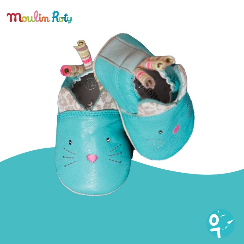 Chaussons de naissance chat bleu turquoise Moulin Roty X Babybotte
