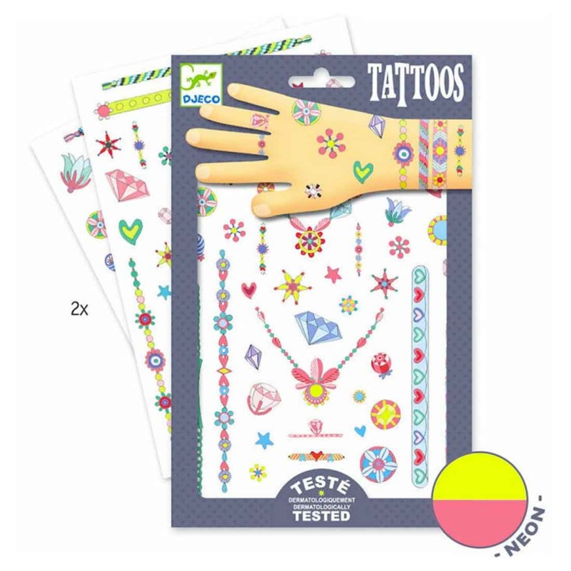 2 planches tattoos pour les enfants avec un effet fluo.