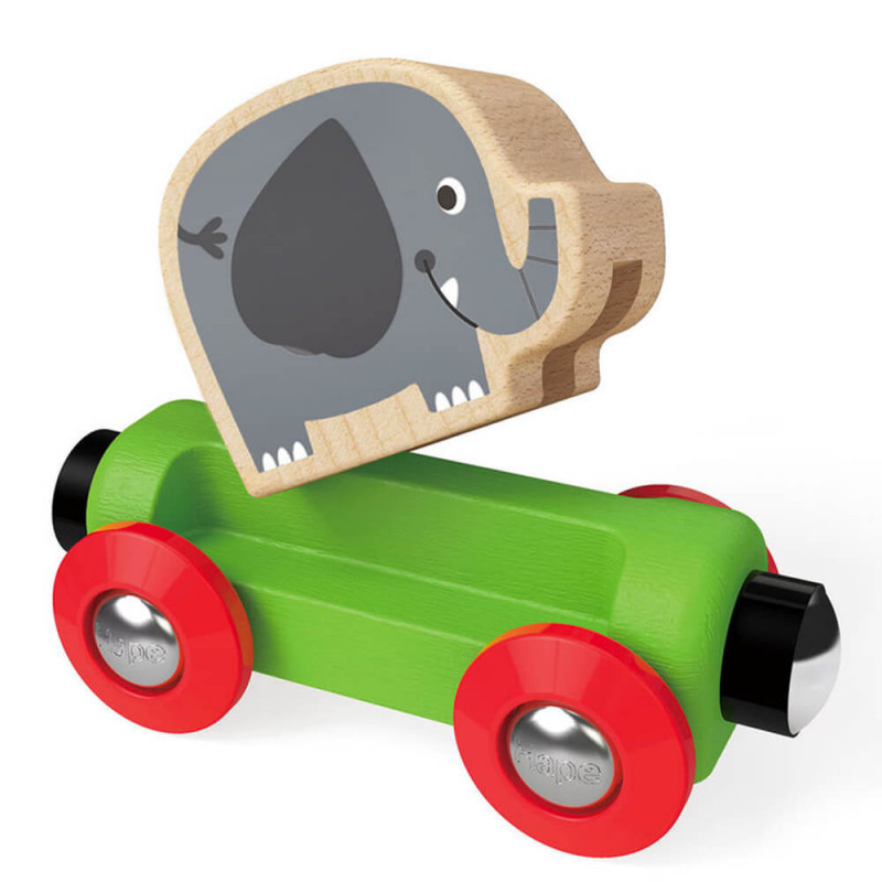 Wagon avec figurine éléphant qui s'encastre sur le wagon.