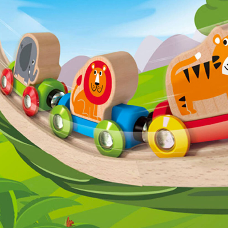 Mise en scène du train en bois avec les animaux de la jungle pour les enfants (dès 18 mois)