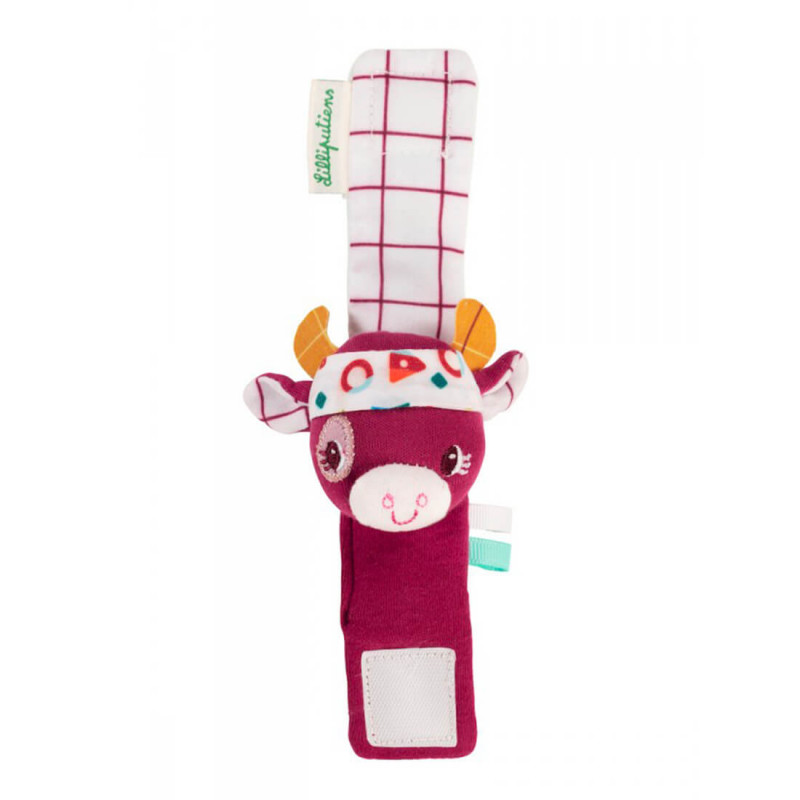 Bracelet et hochet d'éveil pour les enfants avec une petite vache Lilliputiens.