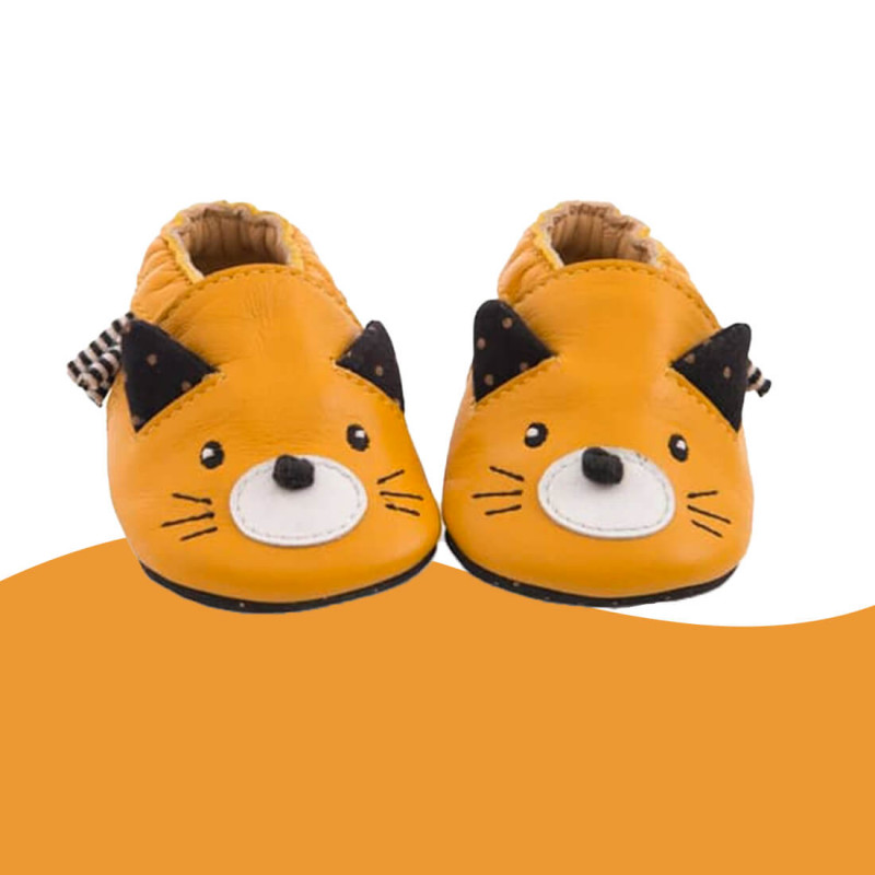 Chaussons cuir chat moutarde Les Moustaches 12/18 mois Moulin Roty