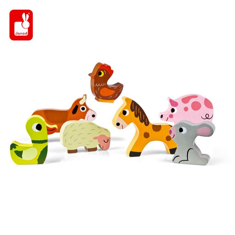 7 figurines des animaux de la ferme à encastrer dans le puzzle en bois.
